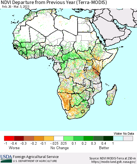 Africa NDVI Departure from Previous Year (Terra-MODIS) Thematic Map For 3/1/2023 - 3/10/2023