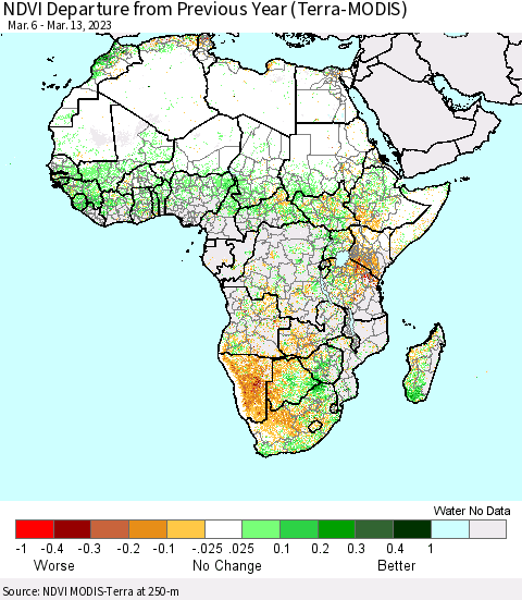 Africa NDVI Departure from Previous Year (Terra-MODIS) Thematic Map For 3/6/2023 - 3/13/2023