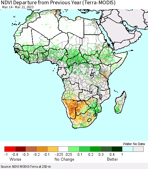 Africa NDVI Departure from Previous Year (Terra-MODIS) Thematic Map For 3/14/2023 - 3/21/2023