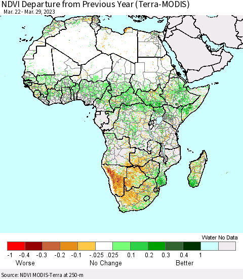 Africa NDVI Departure from Previous Year (Terra-MODIS) Thematic Map For 3/22/2023 - 3/29/2023