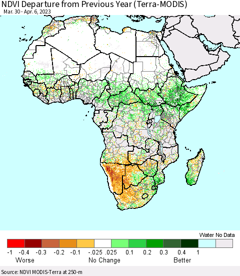 Africa NDVI Departure from Previous Year (Terra-MODIS) Thematic Map For 3/30/2023 - 4/6/2023