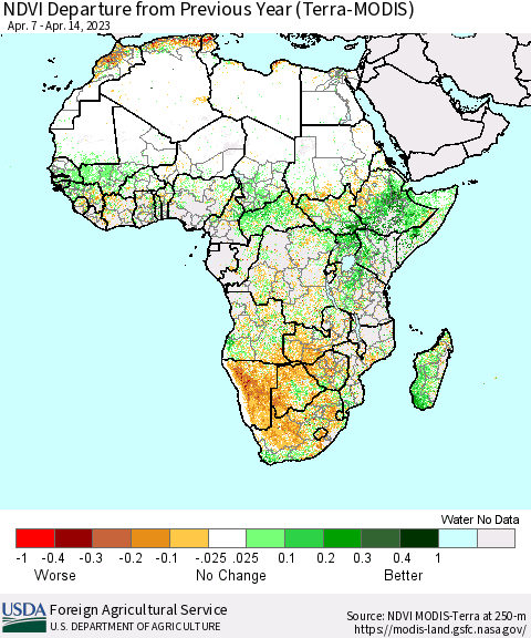 Africa NDVI Departure from Previous Year (Terra-MODIS) Thematic Map For 4/11/2023 - 4/20/2023
