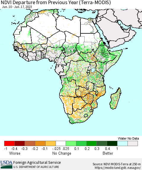 Africa NDVI Departure from Previous Year (Terra-MODIS) Thematic Map For 6/11/2023 - 6/20/2023