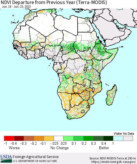Africa NDVI Departure from Previous Year (Terra-MODIS) Thematic Map For 6/21/2023 - 6/30/2023