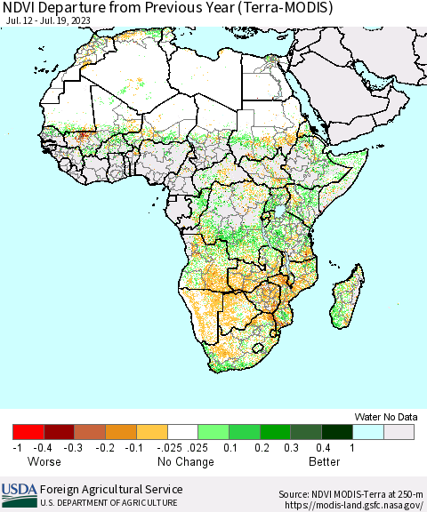 Africa NDVI Departure from Previous Year (Terra-MODIS) Thematic Map For 7/11/2023 - 7/20/2023