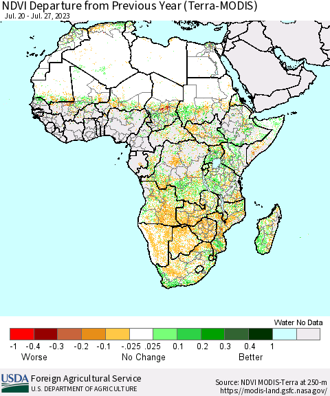 Africa NDVI Departure from Previous Year (Terra-MODIS) Thematic Map For 7/21/2023 - 7/31/2023