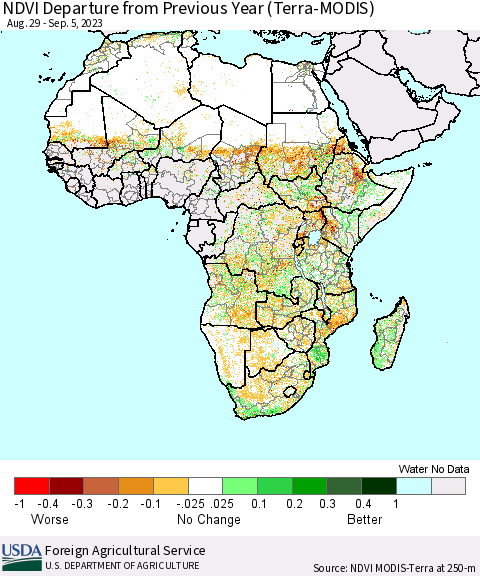 Africa NDVI Departure from Previous Year (Terra-MODIS) Thematic Map For 9/1/2023 - 9/10/2023