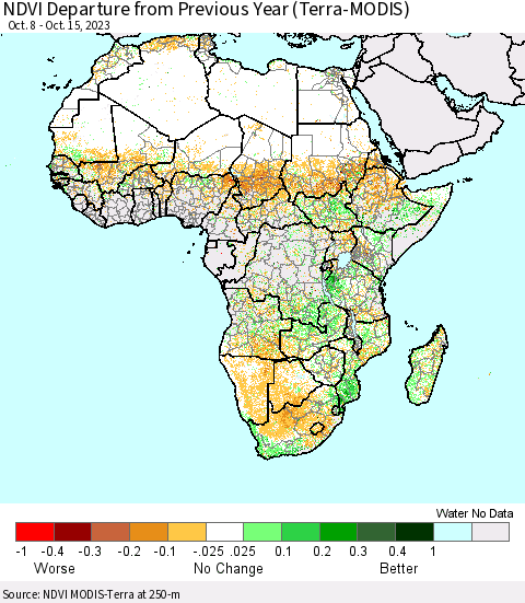Africa NDVI Departure from Previous Year (Terra-MODIS) Thematic Map For 10/8/2023 - 10/15/2023