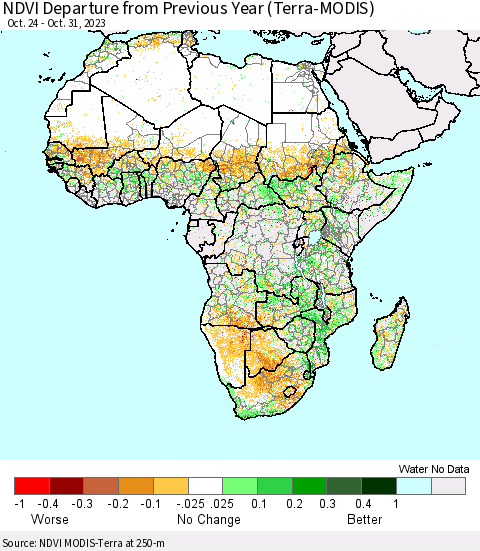 Africa NDVI Departure from Previous Year (Terra-MODIS) Thematic Map For 10/24/2023 - 10/31/2023