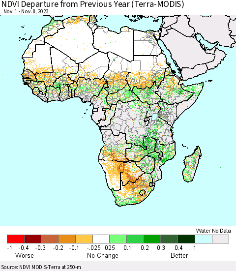 Africa NDVI Departure from Previous Year (Terra-MODIS) Thematic Map For 11/1/2023 - 11/8/2023