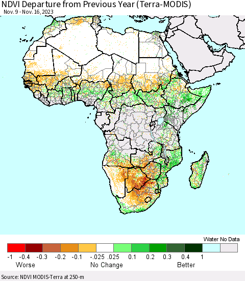 Africa NDVI Departure from Previous Year (Terra-MODIS) Thematic Map For 11/9/2023 - 11/16/2023