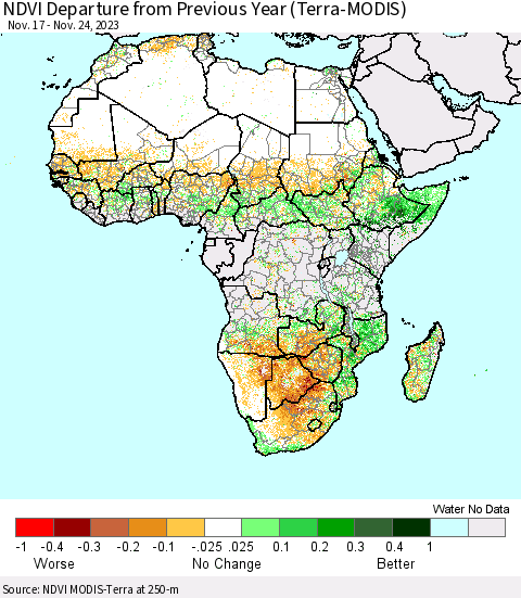 Africa NDVI Departure from Previous Year (Terra-MODIS) Thematic Map For 11/17/2023 - 11/24/2023