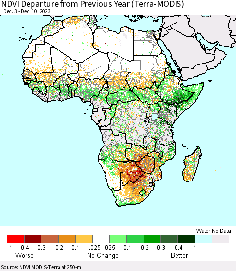Africa NDVI Departure from Previous Year (Terra-MODIS) Thematic Map For 12/3/2023 - 12/10/2023