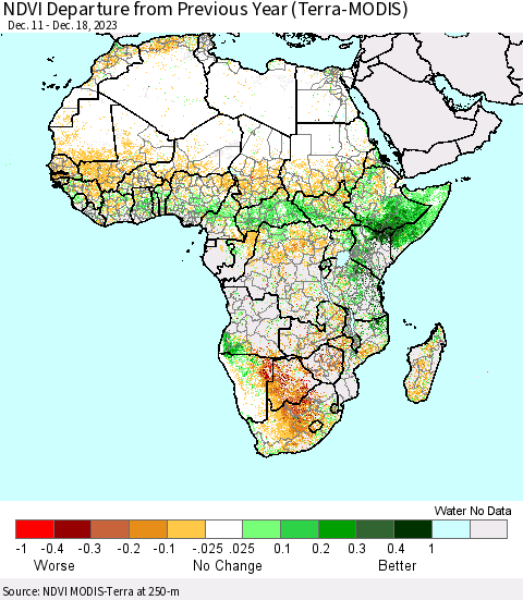 Africa NDVI Departure from Previous Year (Terra-MODIS) Thematic Map For 12/11/2023 - 12/18/2023
