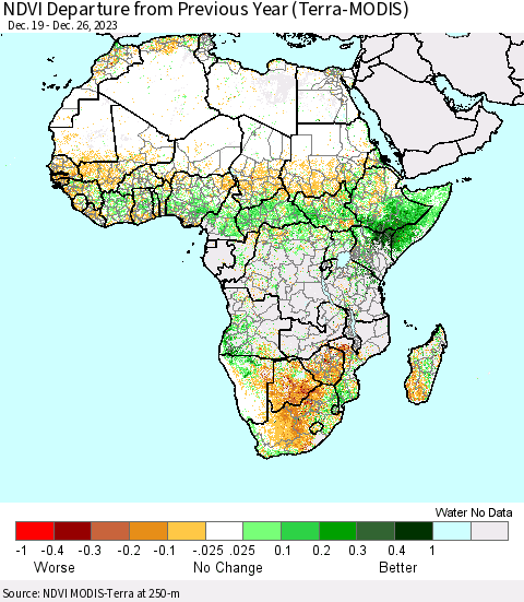 Africa NDVI Departure from Previous Year (Terra-MODIS) Thematic Map For 12/19/2023 - 12/26/2023
