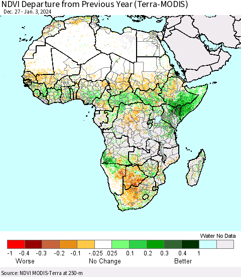 Africa NDVI Departure from Previous Year (Terra-MODIS) Thematic Map For 12/27/2023 - 1/3/2024