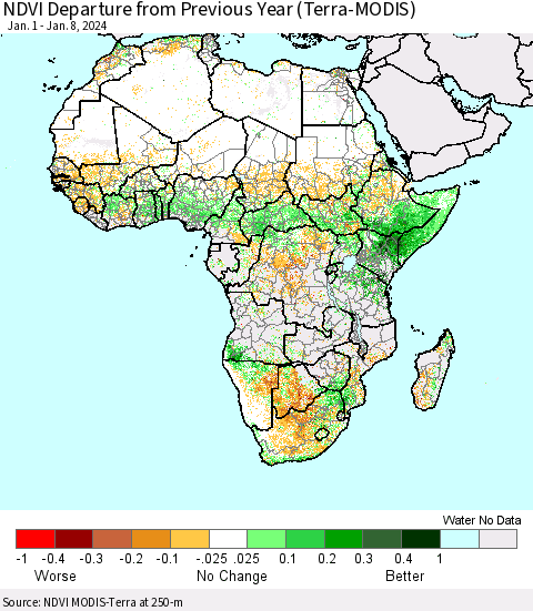 Africa NDVI Departure from Previous Year (Terra-MODIS) Thematic Map For 1/1/2024 - 1/8/2024