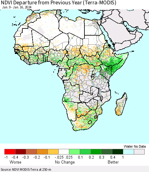 Africa NDVI Departure from Previous Year (Terra-MODIS) Thematic Map For 1/9/2024 - 1/16/2024