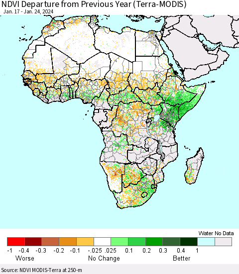 Africa NDVI Departure from Previous Year (Terra-MODIS) Thematic Map For 1/17/2024 - 1/24/2024