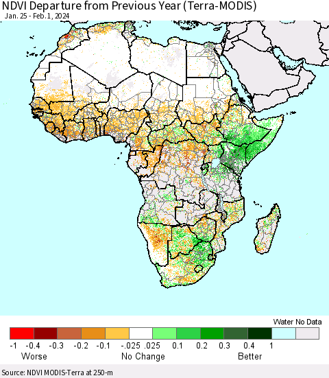 Africa NDVI Departure from Previous Year (Terra-MODIS) Thematic Map For 1/25/2024 - 2/1/2024