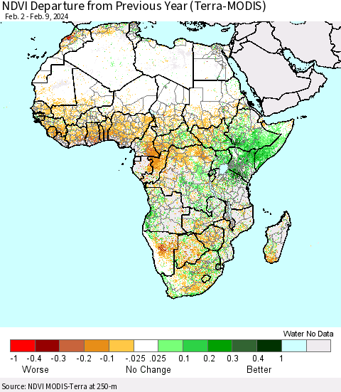 Africa NDVI Departure from Previous Year (Terra-MODIS) Thematic Map For 2/2/2024 - 2/9/2024