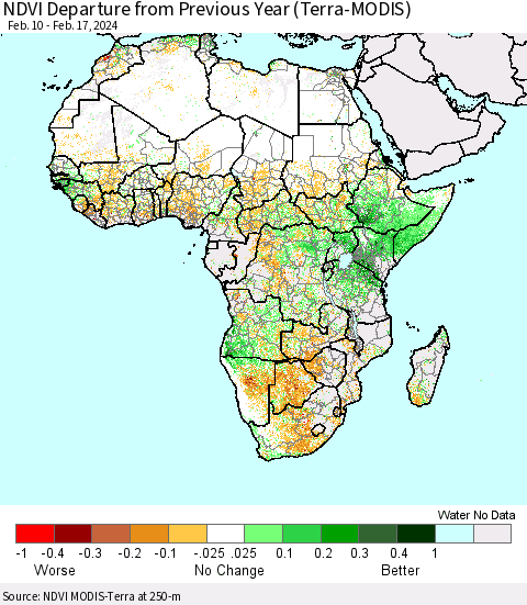 Africa NDVI Departure from Previous Year (Terra-MODIS) Thematic Map For 2/10/2024 - 2/17/2024