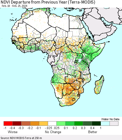 Africa NDVI Departure from Previous Year (Terra-MODIS) Thematic Map For 2/18/2024 - 2/25/2024