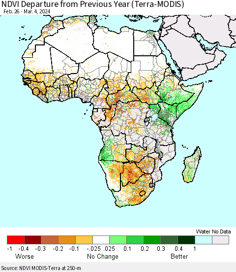 Africa NDVI Departure from Previous Year (Terra-MODIS) Thematic Map For 2/26/2024 - 3/4/2024