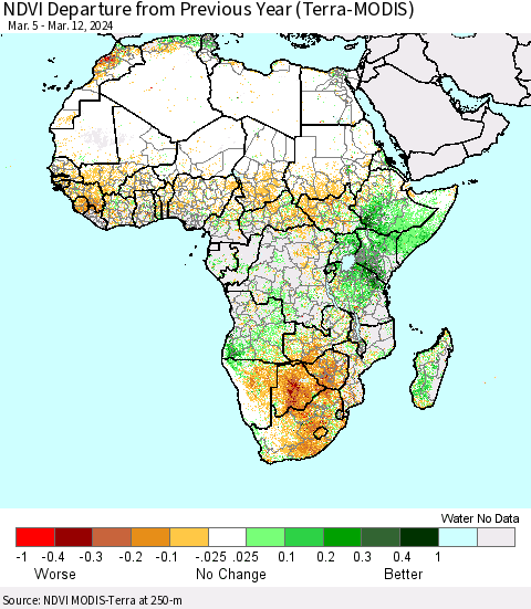Africa NDVI Departure from Previous Year (Terra-MODIS) Thematic Map For 3/5/2024 - 3/12/2024