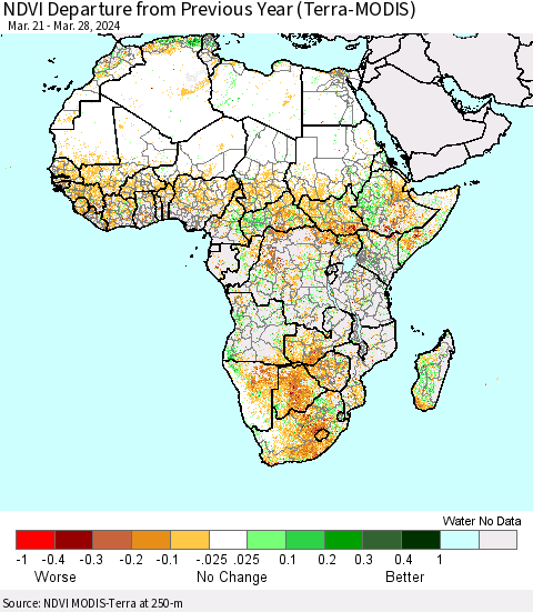 Africa NDVI Departure from Previous Year (Terra-MODIS) Thematic Map For 3/21/2024 - 3/28/2024
