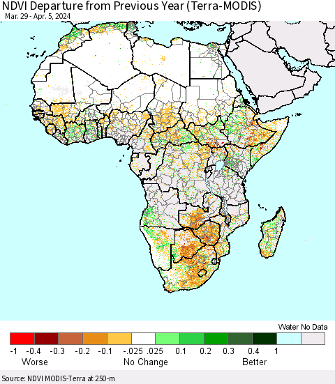 Africa NDVI Departure from Previous Year (Terra-MODIS) Thematic Map For 3/29/2024 - 4/5/2024