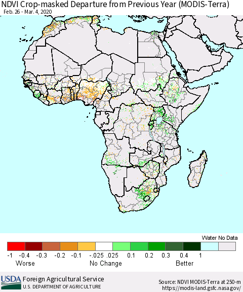 Africa Cropland NDVI Departure from Previous Year (Terra-MODIS) Thematic Map For 3/1/2020 - 3/10/2020
