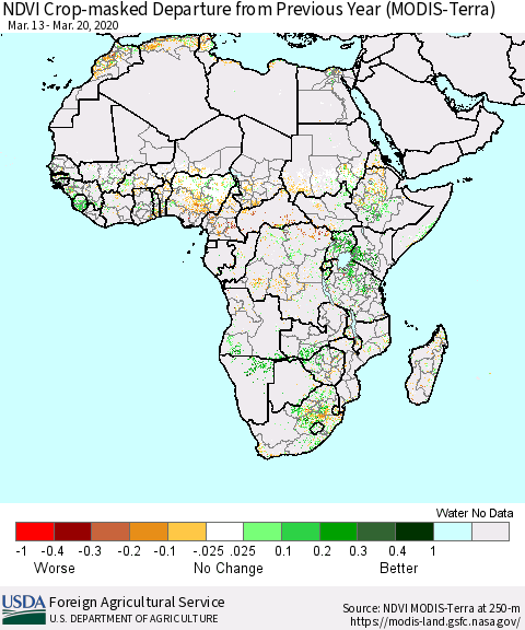 Africa Cropland NDVI Departure from Previous Year (Terra-MODIS) Thematic Map For 3/11/2020 - 3/20/2020