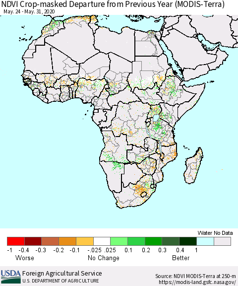 Africa Cropland NDVI Departure from Previous Year (Terra-MODIS) Thematic Map For 5/21/2020 - 5/31/2020