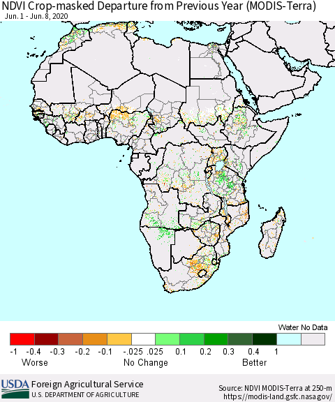 Africa Cropland NDVI Departure from Previous Year (Terra-MODIS) Thematic Map For 6/1/2020 - 6/10/2020