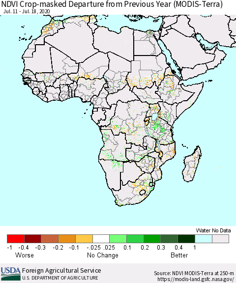Africa Cropland NDVI Departure from Previous Year (Terra-MODIS) Thematic Map For 7/11/2020 - 7/20/2020