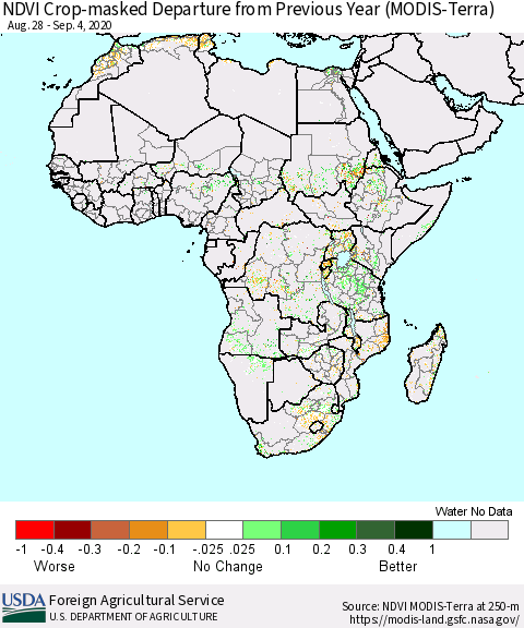 Africa Cropland NDVI Departure from Previous Year (Terra-MODIS) Thematic Map For 9/1/2020 - 9/10/2020