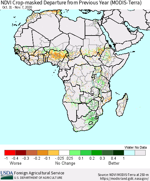 Africa Cropland NDVI Departure from Previous Year (Terra-MODIS) Thematic Map For 11/1/2020 - 11/10/2020
