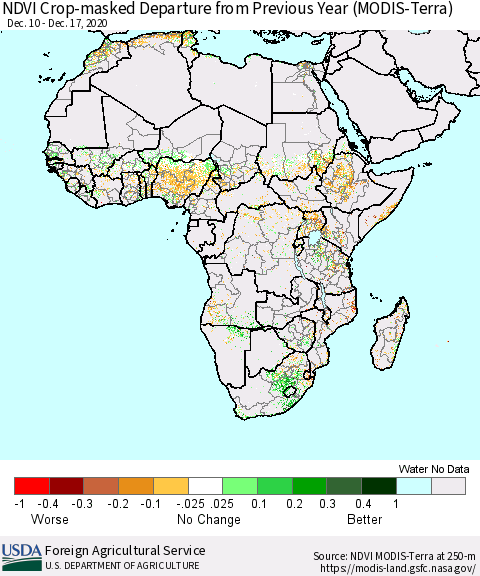 Africa Cropland NDVI Departure from Previous Year (Terra-MODIS) Thematic Map For 12/11/2020 - 12/20/2020