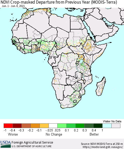 Africa Cropland NDVI Departure from Previous Year (Terra-MODIS) Thematic Map For 1/1/2021 - 1/10/2021