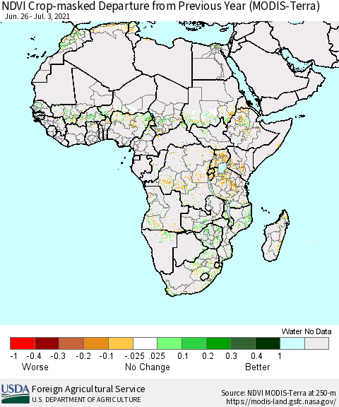 Africa Cropland NDVI Departure from Previous Year (Terra-MODIS) Thematic Map For 7/1/2021 - 7/10/2021