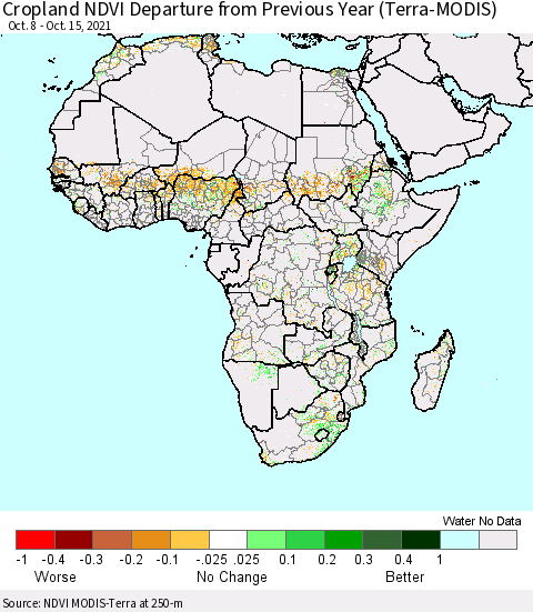 Africa Cropland NDVI Departure from Previous Year (Terra-MODIS) Thematic Map For 10/8/2021 - 10/15/2021