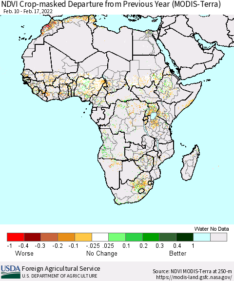 Africa Cropland NDVI Departure from Previous Year (Terra-MODIS) Thematic Map For 2/11/2022 - 2/20/2022