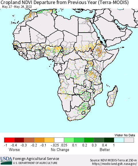Africa Cropland NDVI Departure from Previous Year (Terra-MODIS) Thematic Map For 5/21/2022 - 5/31/2022