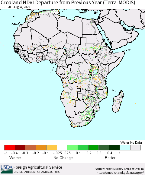 Africa Cropland NDVI Departure from Previous Year (Terra-MODIS) Thematic Map For 8/1/2022 - 8/10/2022