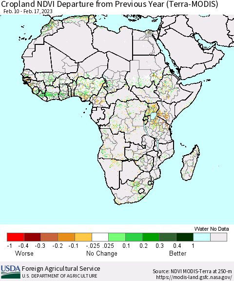 Africa Cropland NDVI Departure from Previous Year (Terra-MODIS) Thematic Map For 2/11/2023 - 2/20/2023