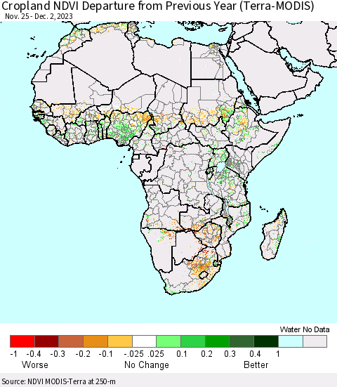 Africa Cropland NDVI Departure from Previous Year (Terra-MODIS) Thematic Map For 11/25/2023 - 12/2/2023