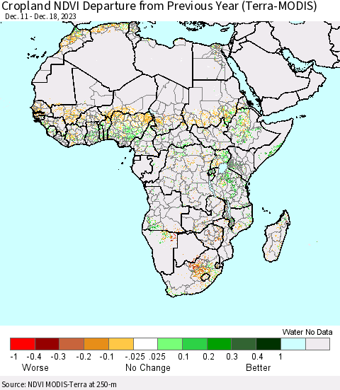 Africa Cropland NDVI Departure from Previous Year (Terra-MODIS) Thematic Map For 12/11/2023 - 12/18/2023