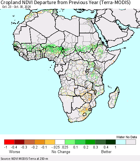 Africa Cropland NDVI Departure from Previous Year (Terra-MODIS) Thematic Map For 10/23/2024 - 10/30/2024
