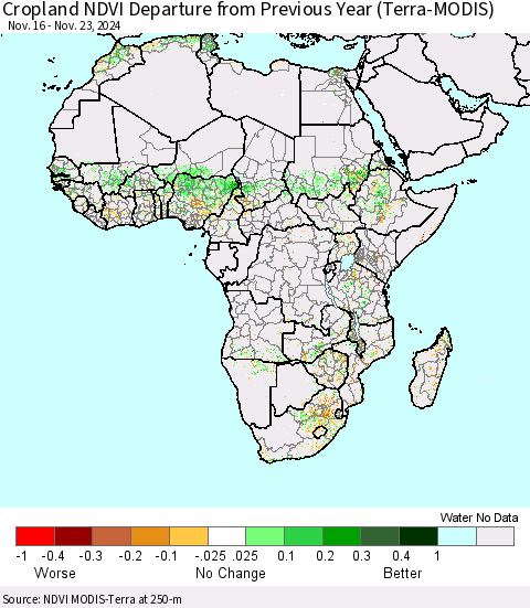 Africa Cropland NDVI Departure from Previous Year (Terra-MODIS) Thematic Map For 11/16/2024 - 11/23/2024